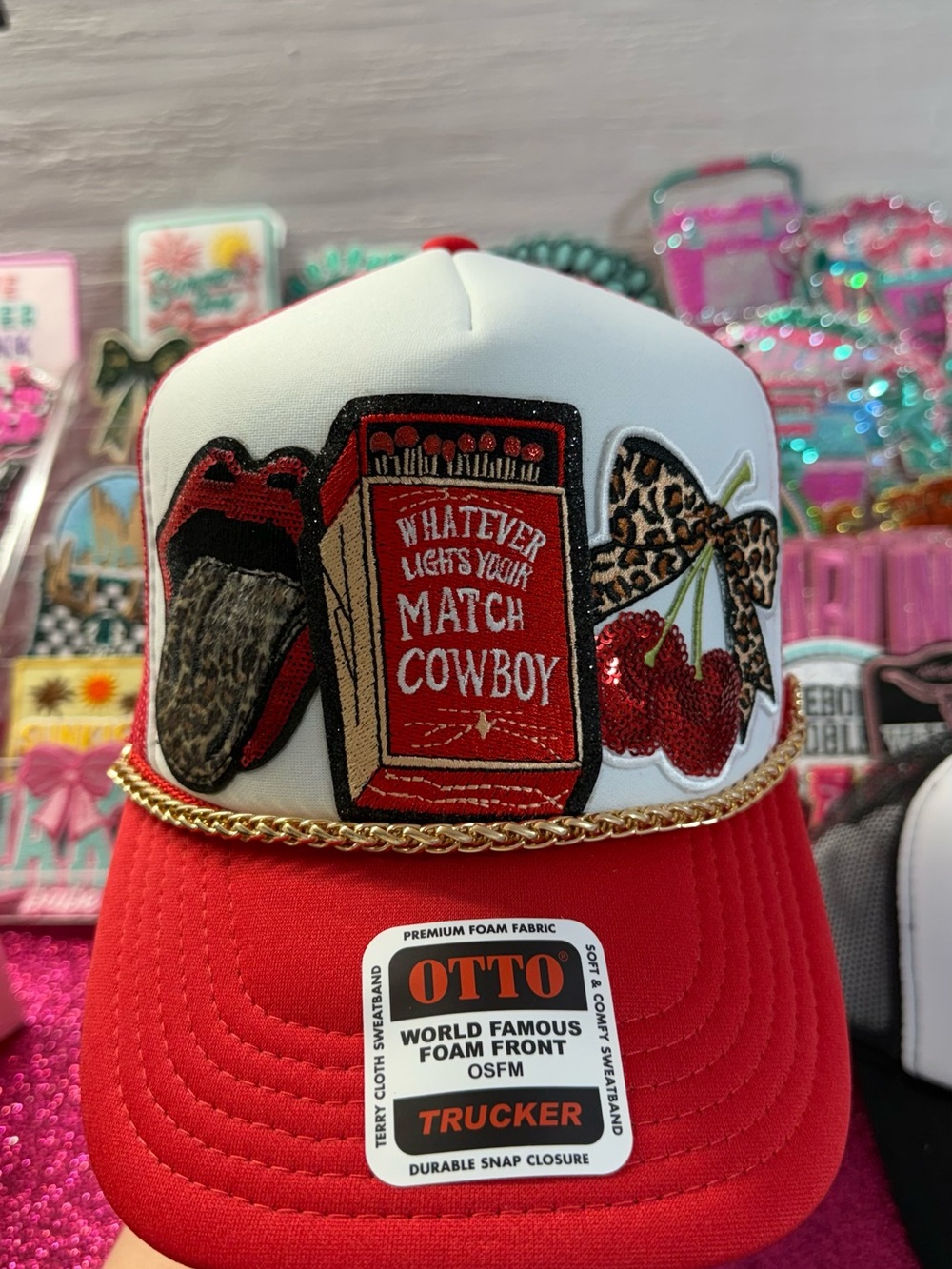OTTO Red and White Trucker Hat with Graphic Patch